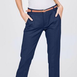 Racheal Solid Colored Belted Trousers--Navy